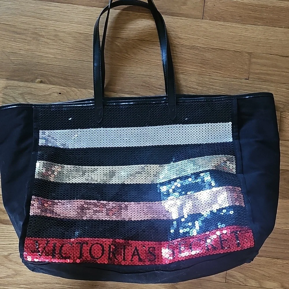 Victoria's Secret Bling Large Open Stripe Sequined Carryall Weekend Tote Handbag